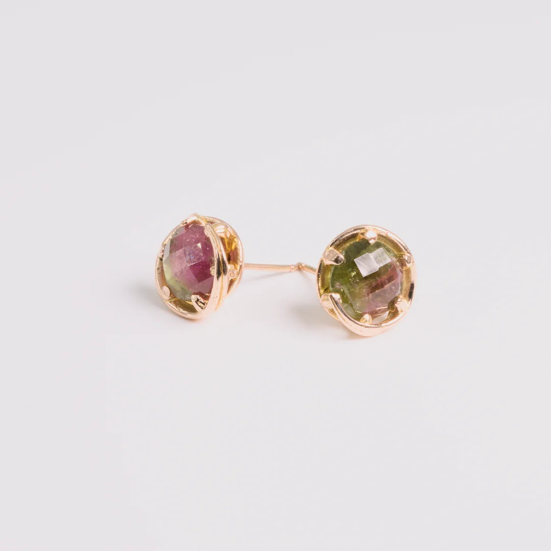 Rosegoud oorbellen met toermalijnen, handgemaakt atelier Claire Dries
