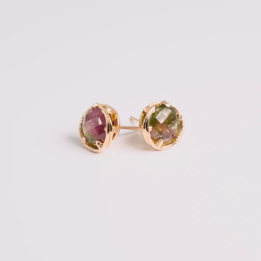 Rosegoud oorbellen met toermalijnen, handgemaakt atelier Claire Dries