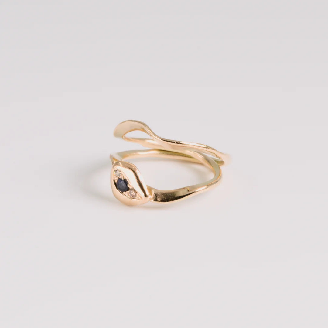 Geelgoud 18kt ring met diamant, saffier, handgemaakt atelier Claire Dries